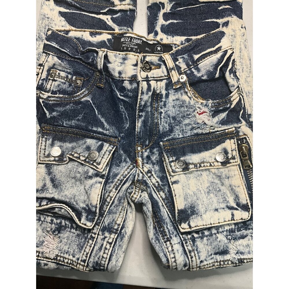 Smith & Graham Hustle Today Distressed Acid‎ Wash Denim Cargo Jeans Size 7
